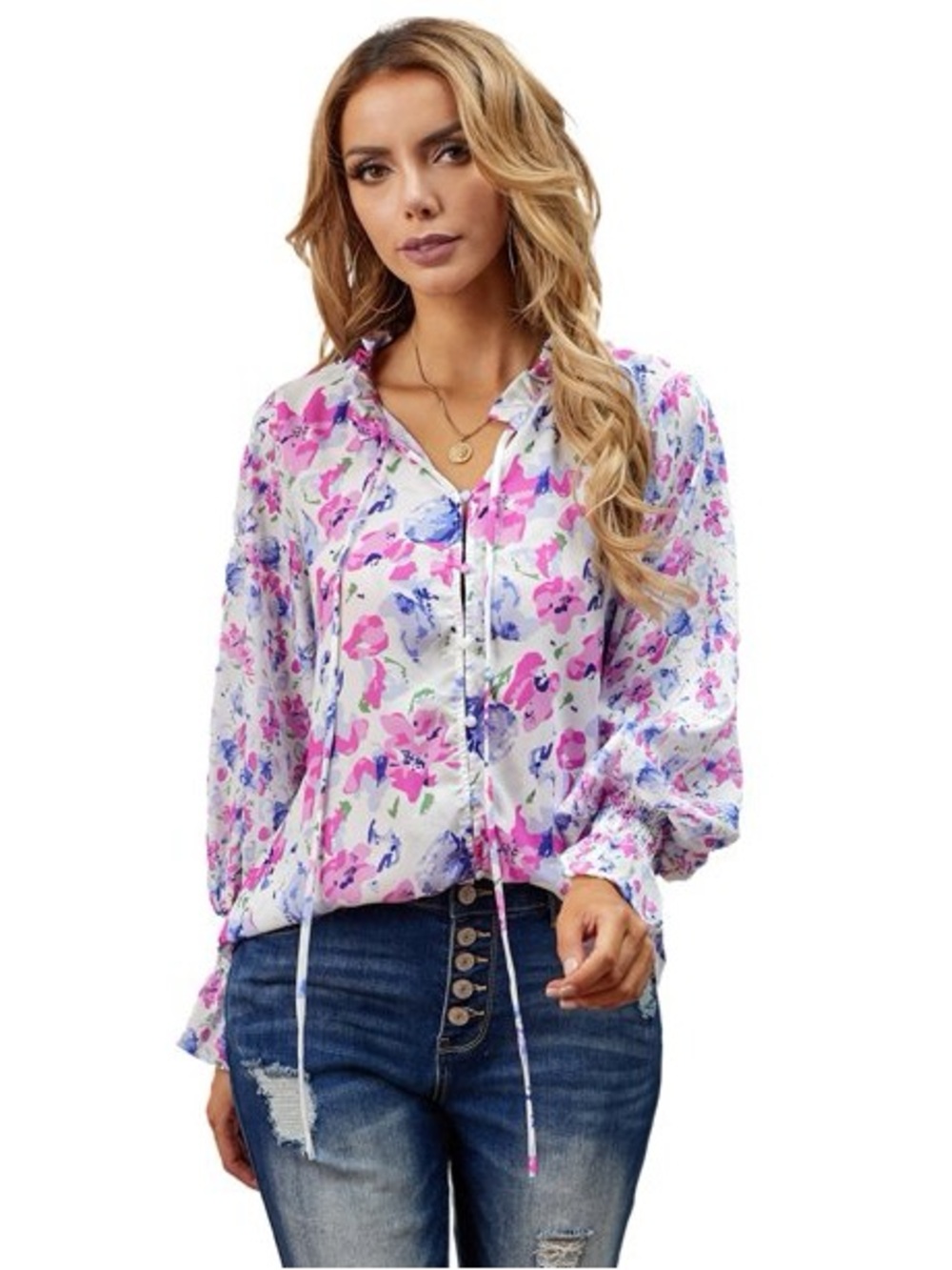 Floral Tie-Front Long Sleeve Blouse - Pink & Purple